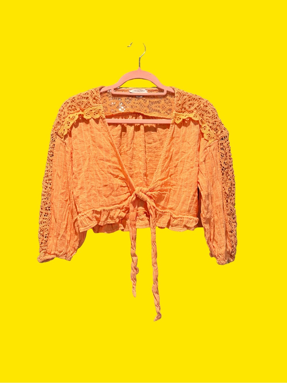 American Eagle Crochet-Detail Tie-Front Women’s Top Orange 2/3 sleeve - Picture 1 of 5